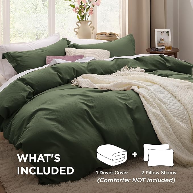 Bedsure Olive Green Duvet Cover Full Size - 3 Pieces Prewashed Extra Soft Cotton-Like Polyester Bedding Set, Includes 1 Duvet Cover 80x90 Inches with Zipper Closure & 2 Pillow Shams, No Comforter