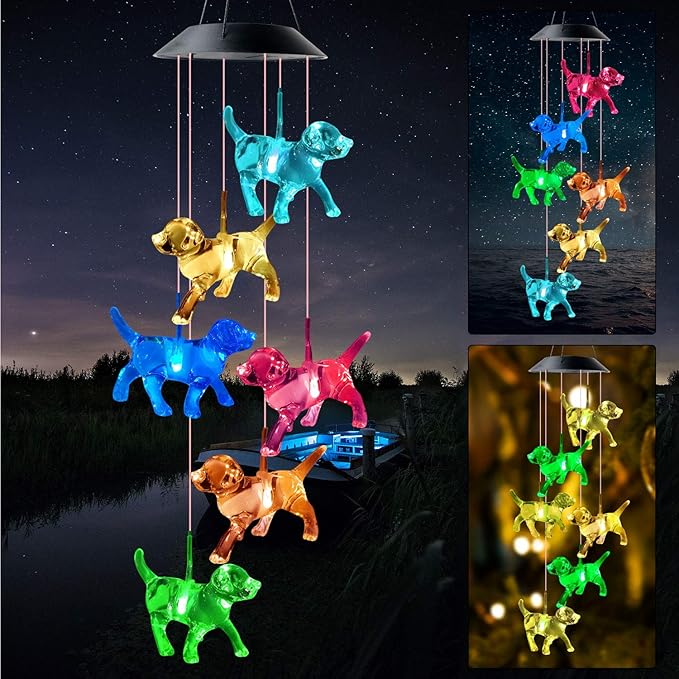 JOBOSI Dog Wind Chimes, Solar Dog Lights for Outside, Gifts for Dogs Lovers, Birthday Gifts for Women, Mom, Ded, Grandma, Garden Lawn Yard Outdoor Decor Mobiles Wind Chime, Dogs Themed Gift