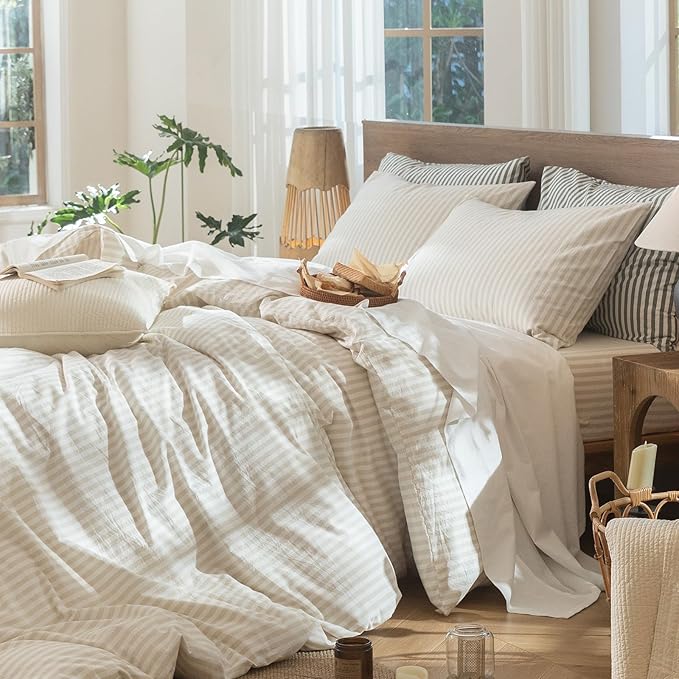 MooMee Striped Duvet Cover Set 100% Washed Cotton Linen Like Textured Breathable Durable Soft Comfy (Almond Milk Grey Classic Stripes, Palatial King/Oversized King 120"x98")