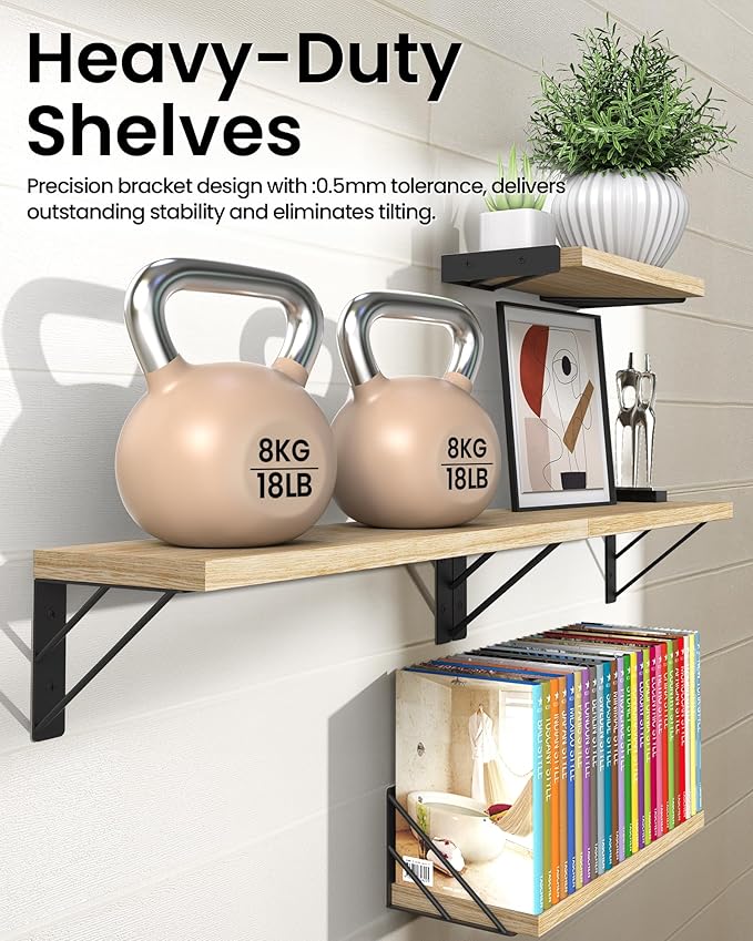 BAYKA Shelves for Bedroom Decor, Floating Wall Shelf for Living Room Kitchen Storage, Wall Mounted Rustic Shelves for Kids Books, Corner Shelf for Bathroom(Carbonized Brown,Set of 4)