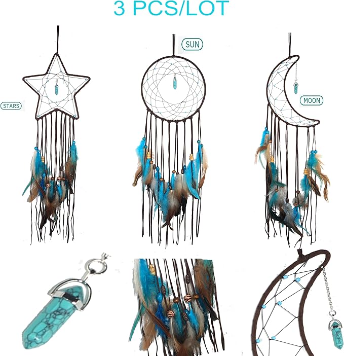 3PCS/LOT Star Moon Sun Shape Dream Catcher Home Decoration, and Baby Kids Room Accessory - Dream Catcher with Feather Decoration - Unique Home Craft Wall Pendant (Brown)