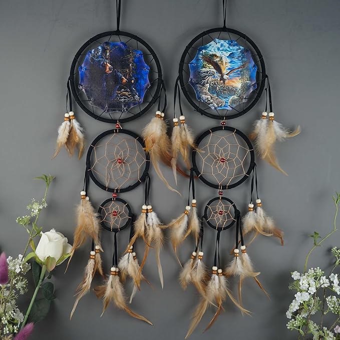 Remorelt Wolf Eagle Bear Dream Catcher Bedroom Wall Decor, Christmas Home Decoration, Room Accessory, White Moon Feather Decoration - Unique Home Craft Wall Pendant (DC26 6Inch Set 2 Eagle Bear)