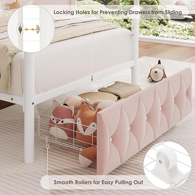 Twin Upholstered Canopy Bed Frame with Drawer & Crystal Tufted Storage Headboard Two-Purpose Metal Platform Bed with 4 Removable Posts & Charging Station Pink Princess Bed, Curtain Not Included