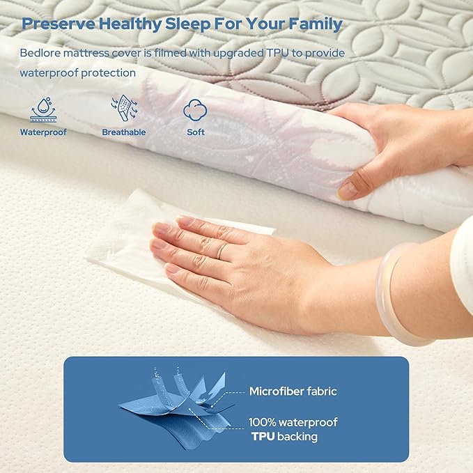 BEDLORE Waterproof Mattress Protector, Queen Size Mattress Pad with Deep Pocket 6"-18" Depth, Soft Dirt-Proof Double Bed Mattress Cover for Bedroom, College Dorm, Hotel (Light Gray)
