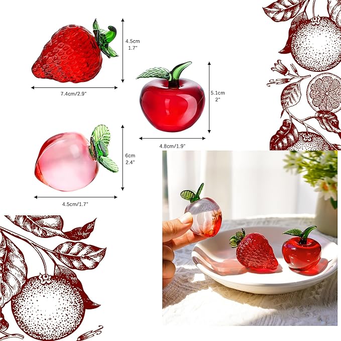 Set of 3 Crystal Fruits Decoration for Home Kitchen Glass Red Strawberry Apple Peach Fruit Figurines Glass Fruits Decor for Wedding Birthday Tabletop Centerpiece