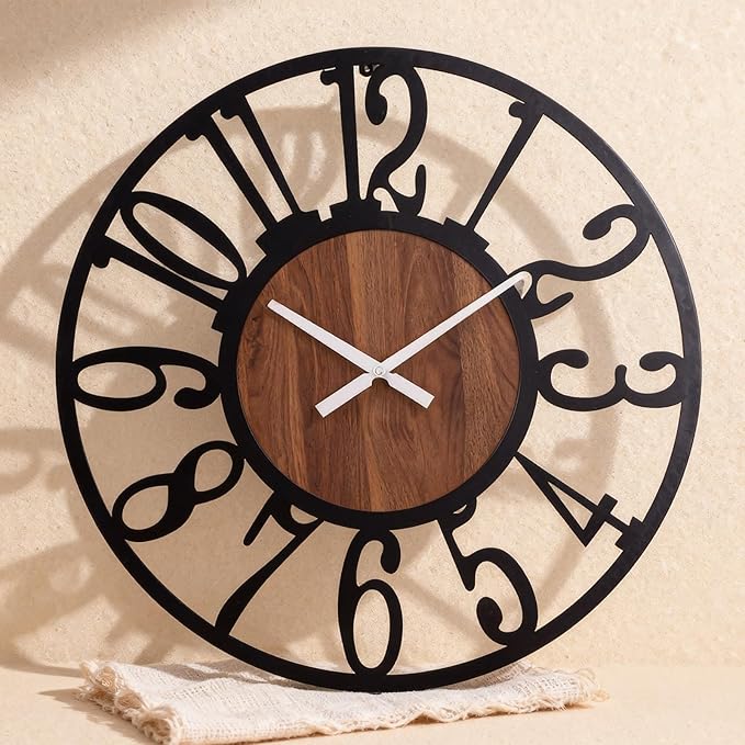 32 Inch Oversized Industrial Farmhouse Wall Clock, Wood & Matte Black Iron Frame, Artful Numerals Non Ticking Battery Operated, Decorative Statement Piece for Large Living Room Foyer Home Décor