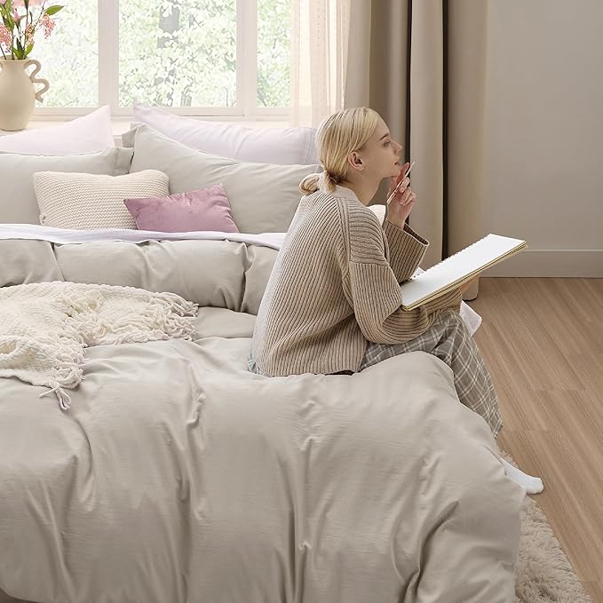 Bedsure Duvet Cover Twin/Twin XL Size - 2 Pieces Prewashed Cotton-Like Extra Soft Bedding Set, Includes 1 Twin Duvet Cover 68x90 Inches with Zipper Closure & 1 Pillow Sham, Linen, No Comforter