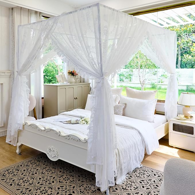 AIKASY Elegant Lace Princess 4-Poster Bed Canopy Mosquito Net - Romantic Wedding Bridal Bedroom Decor, Kids Room Bed Curtain for Women Adults - (White-2,Twin)