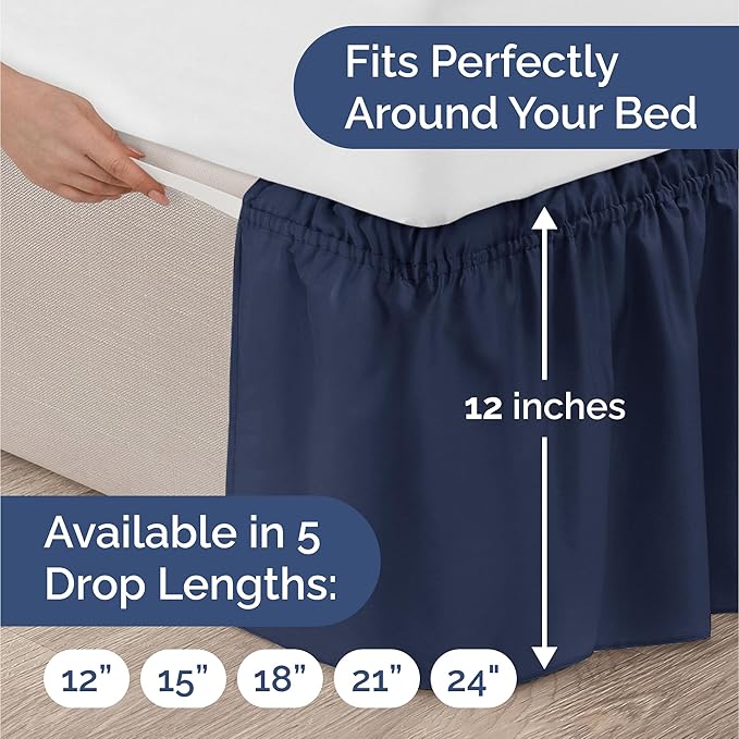 Wrap Around Dust Ruffle Bed Skirt - Navy Blue - for King Size Beds with 12 Inch Drop - Elastic Strap - Adjustable Pleated Bedskirt with Brushed Fabric and Wrinkle Free - for Women, Men, Kids & Teens
