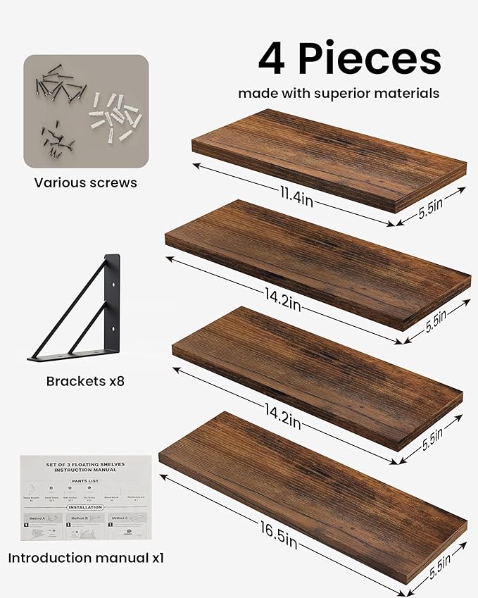BAYKA Wall Shelves for Bedroom Decor, Floating Shelves for Wall Living Room Kitchen Storage, Mounted Rustic Wood Floating Shelves for Kids Books, Corner Shelf for Bathroom(Rustic Brown，Set of 4)