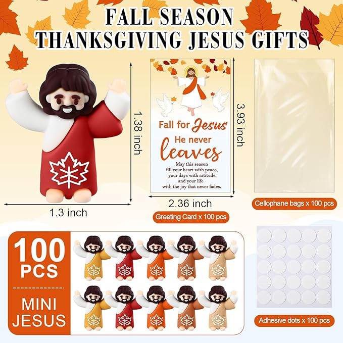 100 Pcs Thanksgiving Fall Jesus Figures Bulk 100 Fall for Jesus He Never Leaves Cards Little Maple Leave Figurines Greeting Cards Mini Pocket Figures for Religious Party Favors Gifts
