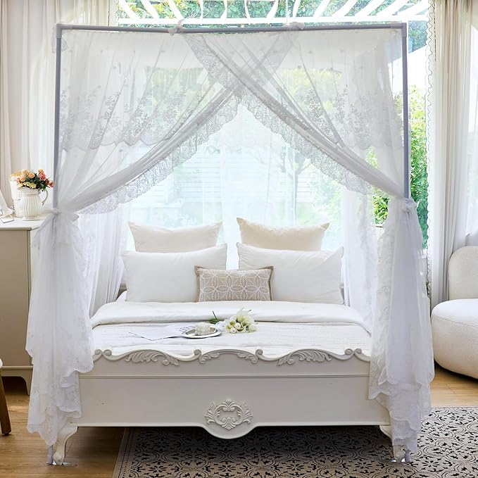 AIKASY Elegant Lace Princess 4-Poster Bed Canopy Mosquito Net - Romantic Wedding Bridal Bedroom Decor, Kids Room Bed Curtain for Women Adults - (White1,Twin)