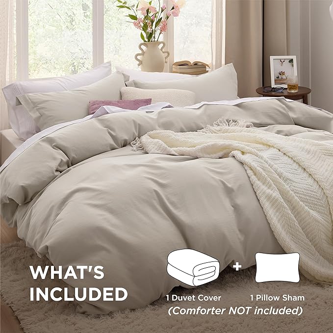 Bedsure Duvet Cover Twin/Twin XL Size - 2 Pieces Prewashed Cotton-Like Extra Soft Bedding Set, Includes 1 Twin Duvet Cover 68x90 Inches with Zipper Closure & 1 Pillow Sham, Linen, No Comforter