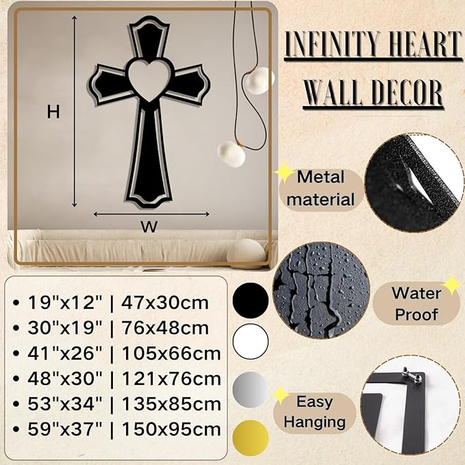 Metal Cross for Wall, Crosses Wall Decor, Cross Heart Metal Wall Art, Christian Wall Decor, Christian Cross Wall Decor, Religious Wall Decor, Faith Wall Decor, Spiritual Wall Decor (Gold, 19"x12" | 47x30cm, metal wall art)