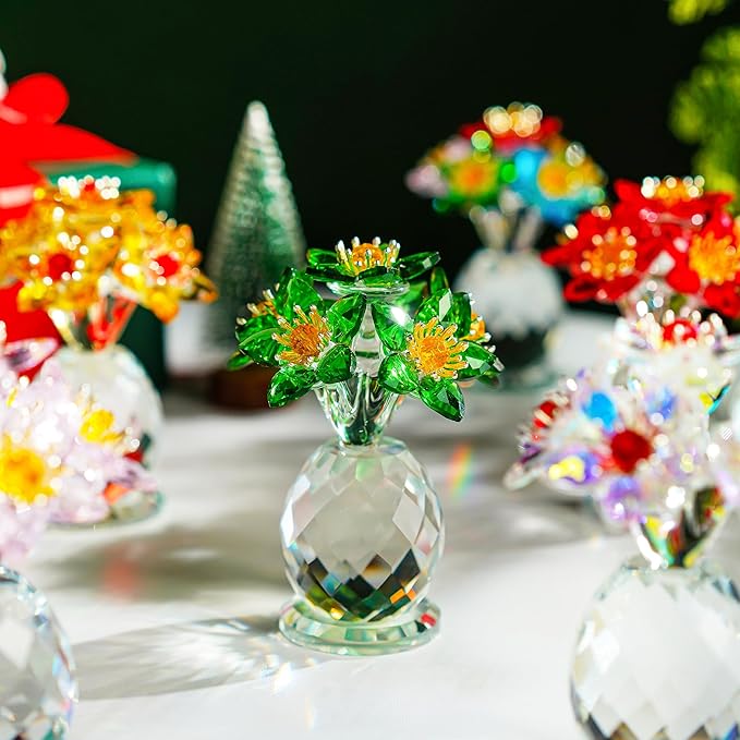 Handcrafted Green Crystal Flower Figurine Christmas Home Decor Elegant Tabletop Centerpiece for Office Desk Unique Gift for Women Mom Wife