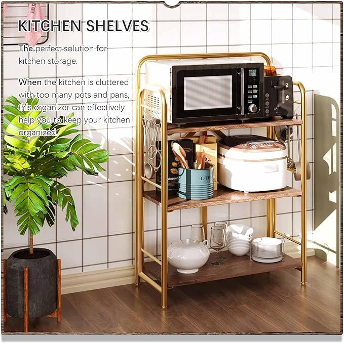 4NM No Assembly Folding Bookshelf, 3 Tiers Collapsible Book Shelves Open Industrial Foldable Storage Bookcase Shelf for Bedroom, Living Room, Home Office - Brown and Gold
