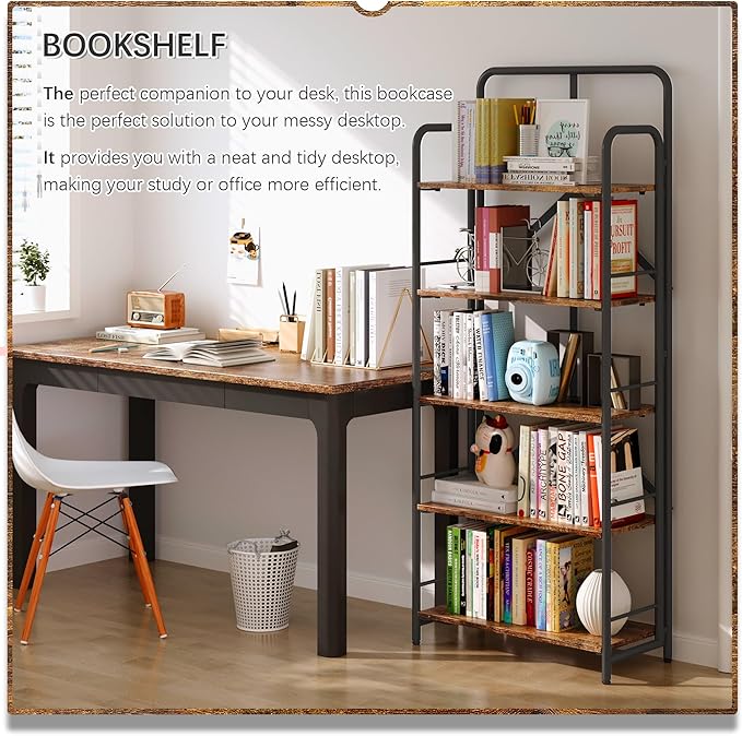 4NM No Assembly Folding Bookshelf, 5 Tiers Collapsible Book Shelves Open Industrial Foldable Storage Bookcase Shelf for Bedroom, Living Room, Home Office - Rustic Brown and Black