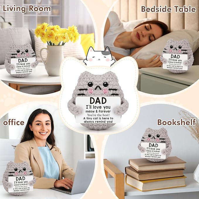 Fathers Day Dad Gifts from Son Daught Wife, Positive Crochet Animal Birthday Gifts for Bonus Dads Step,I Love You Dad Gift Idea,Handmade Emotional Crochet Cat