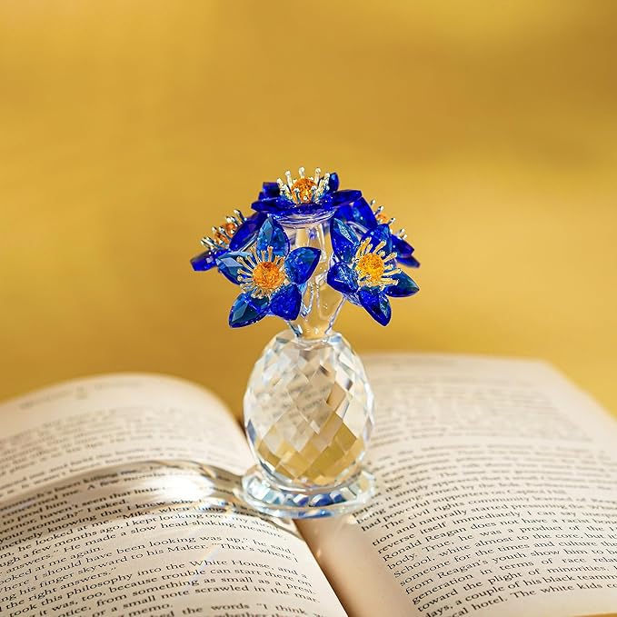 Blue Crystal Flower Figurine Collectibles Crystal Flower Christmas Ornament for Home Decor Table Centerpiece Glass Bouquet Flowers Keepsake for Women