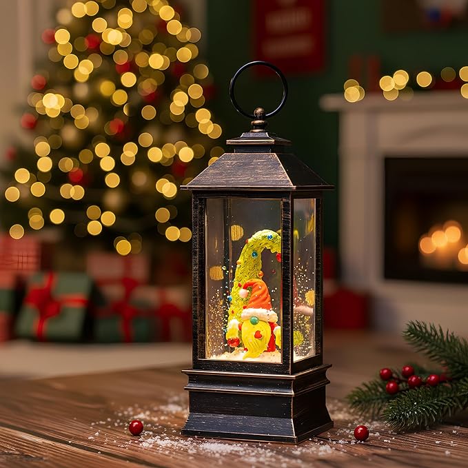 10'' Christmas Gnomes Snow Globe Lantern Lighted Santa Elf Musical Water Lantern Swirling Glittering Home Decoration and Gift, Battery Operated or USB Powered