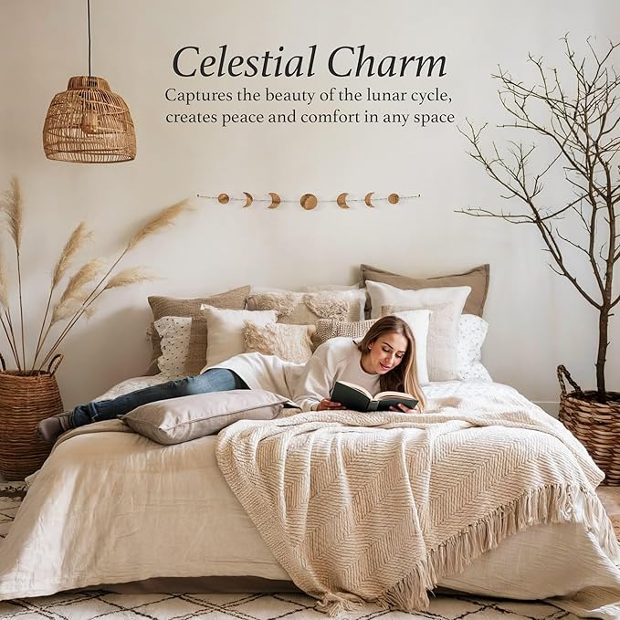BASE ROOTS Moon Phase Wall Decor, Gold Wall Art for Bedroom, Bohemian and Astrology, Witchy Aesthetic 34" 7 Phases Metal Moon Wall Banner, Celestial Decoration, Gift for Women & Kids