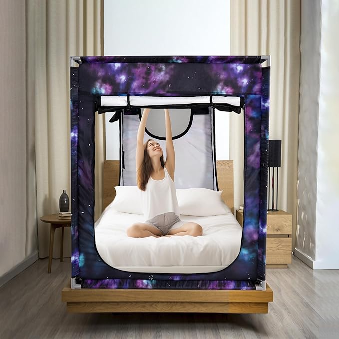 Bed Canopy Portable Blackout Bed Tent Privacy Tent for Adult Indoor Sleeping with 3 Doors, Storage Bag