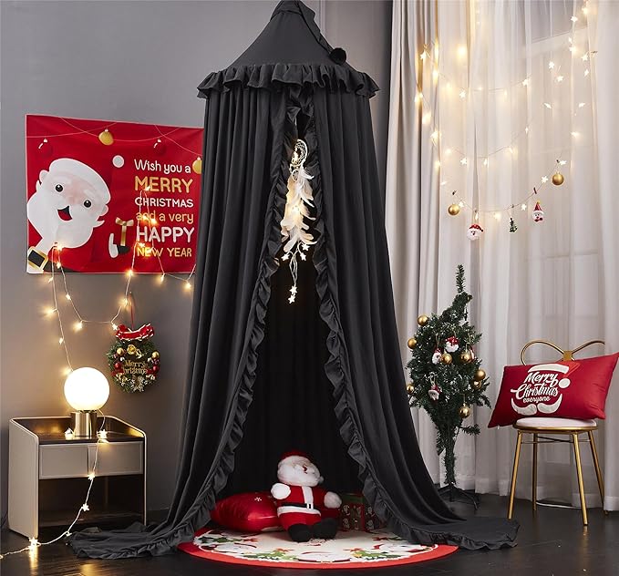 VETHIN Bed Canopy for Girls,Princess Round Dome Dreamy Mosquito Net Bedding Girls Room Castle Play Tent Hanging House Decor Reading Nook Canopies (Black)