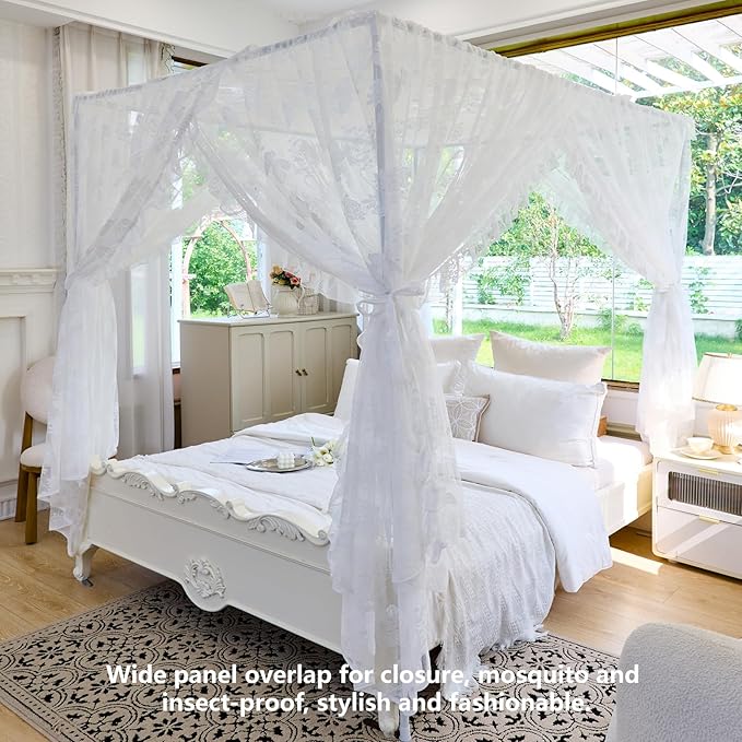 AIKASY Elegant Lace Princess 4-Poster Bed Canopy Mosquito Net - Romantic Wedding Bridal Bedroom Decor, Kids Room Bed Curtain for Women Adults - (White-4,King)