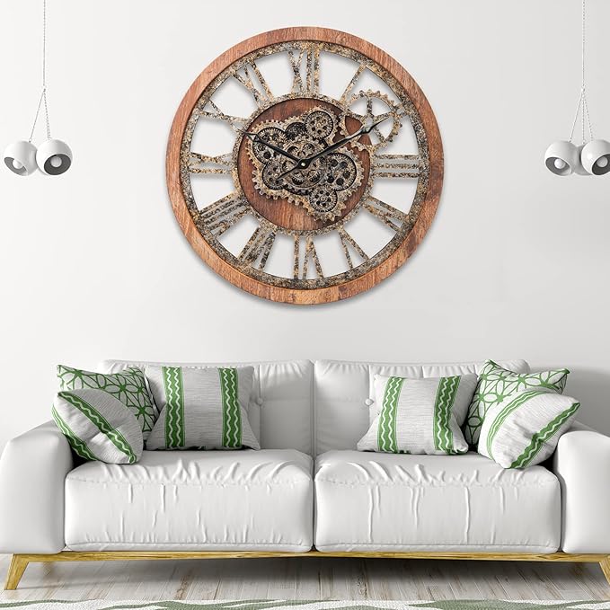 HOIBAI Large Wall Clock, Wall Clocks for Living Room Decor 20 Inch Farmhouse Vintage Rustic Kitchen Wall Decor Vintage Roman Oversized Wall Clock for Home Bedroom House, Moving Gears Clock