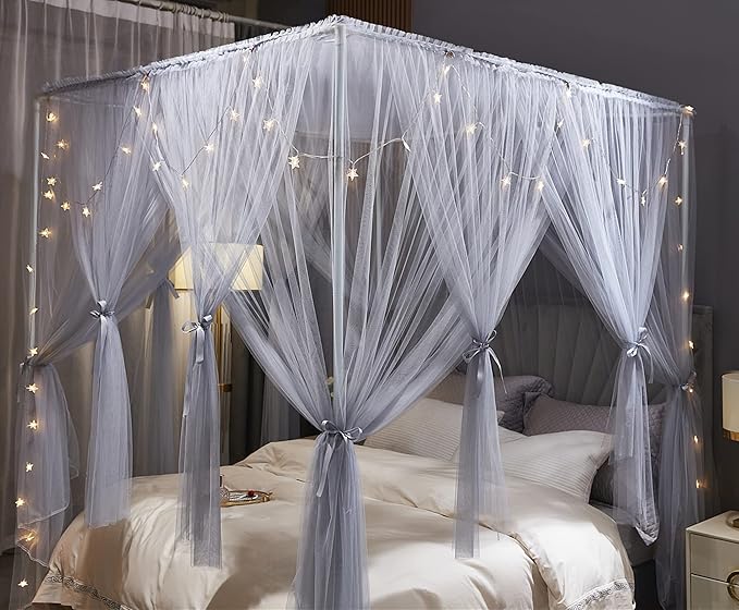 VETHIN 4 Corners Post Princess Bed Canopy Curtain Double Layer Cozy Drape Netting 4 Opening Mosquito Net for Girls & Adults Bedroom Decoration Accessories (Double Gray, 78" W*86" L*82"*H/(King))