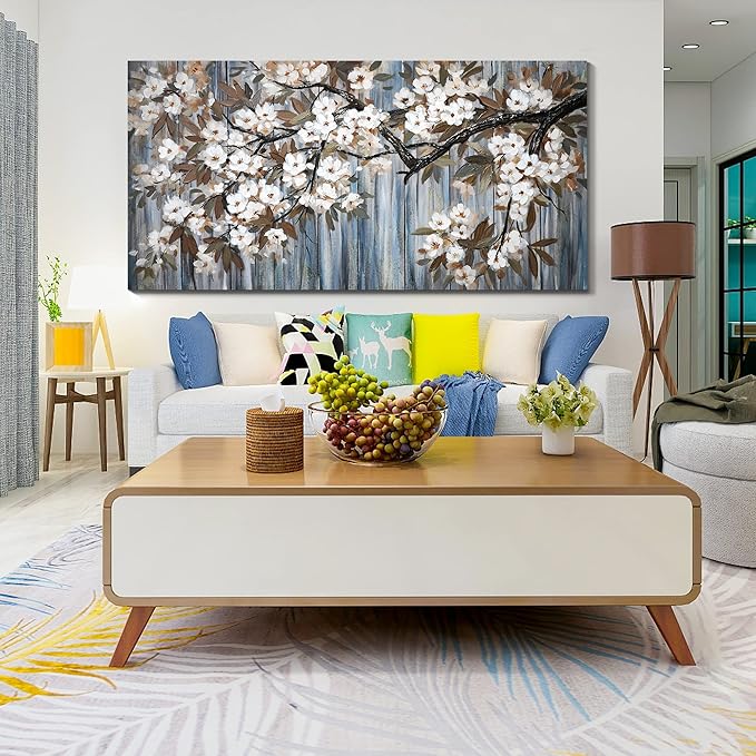 Large Canvas Wall Art for Living Room Wall Decor Abstract White Flower Tree with Gray Driftwood Picture Modern Framed Canvas Prints Artwork Ready to Hang for Bedroom Home Wall Decoration size 29x58