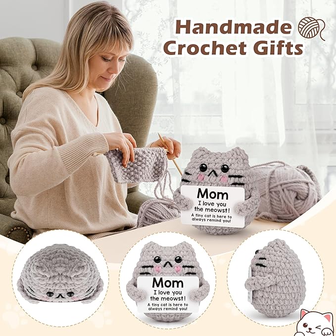Mothers Day Birthday Gifts for Mom Grandma Godmom Positive Cat Crochet for Mom Grandma Aunt Godmother, Emotional Support Crochet Small Birthday Gifts