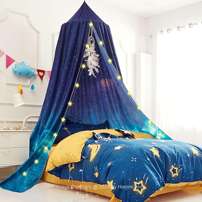Ocean Print Kids Bed Canopy, Girls Princess Canopy Dreamy Room Decor, Soft Hanging Reading Nook Play Tent Canopy, Extra Large Full Size Bed Canopy with String Light