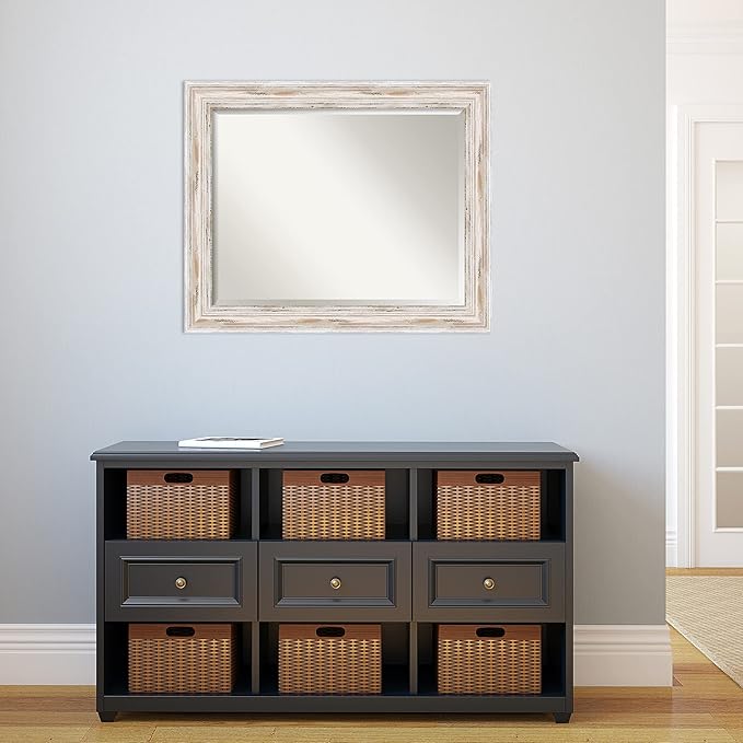 Amanti Art White Wall Mirror 27x33 Alexandria White Wash Rectangle Bathroom Mirror for Wall Decor Living Room, Large Cottage Wood Frame, Hangs Horizonally and Vertically, Bathroom Decor, Beveled Edge