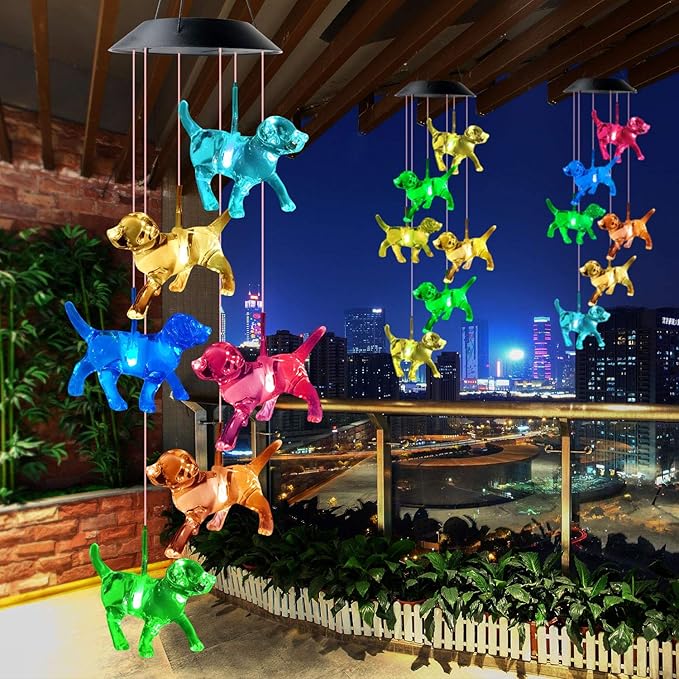JOBOSI Dog Wind Chimes, Solar Dog Lights for Outside, Gifts for Dogs Lovers, Birthday Gifts for Women, Mom, Ded, Grandma, Garden Lawn Yard Outdoor Decor Mobiles Wind Chime, Dogs Themed Gift
