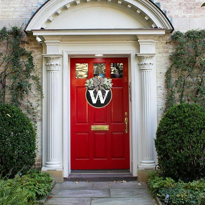 Circular Surname Front Door Welcome Sign - 26 Letter House Wreath, Front Porch Decorations, Year-Round Home Decor (W)