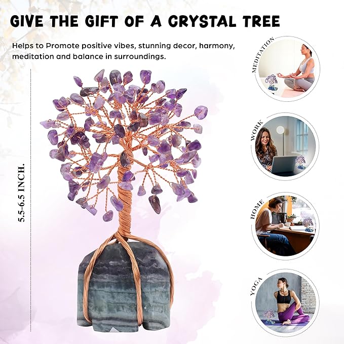 Amethyst Crystal Tree with Fluorite Rough Base Tree of Life Decor for Shelf, Bedroom, Birthday Gifts for Women, Sister Gifts, Birthday Gifts for Mom, Cute Home Decor Purple Decor Housewarming Present