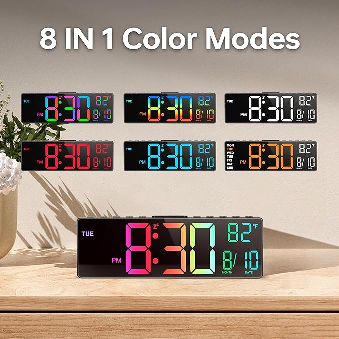JALL 10.5'' Digital Large Alarm Clock with 8-in-1 RGB Colors, Date, Month, Temperature LED, Auto DST, Modern for Desk, Wall, Living Room, Bedroom, Birthday Xmas Gift (Black, 10.5 inches)