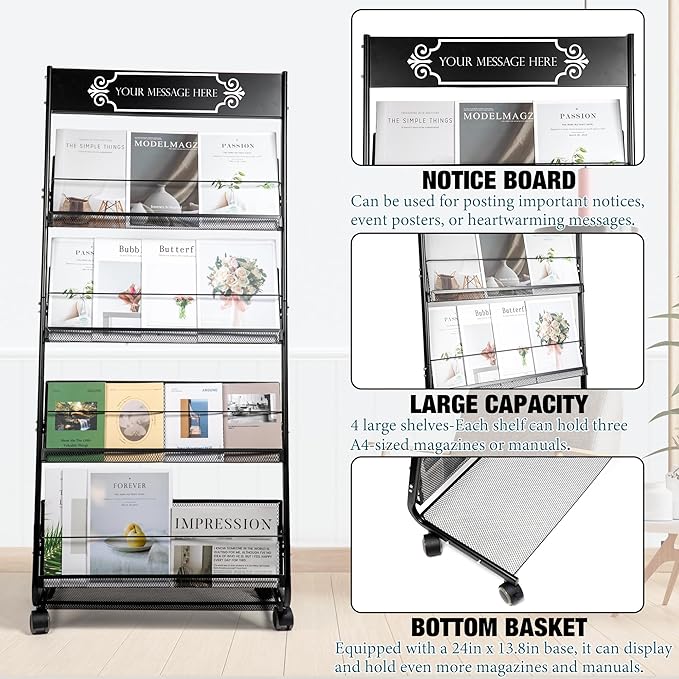 Floor Magazine Rack Brochure Display Stand 4-Layer With Wheels And Top Billboard, Newspaper Literature Holder High-Hardness Metal For Office Exhibitions, Black (57.5''*25''*13.2'')