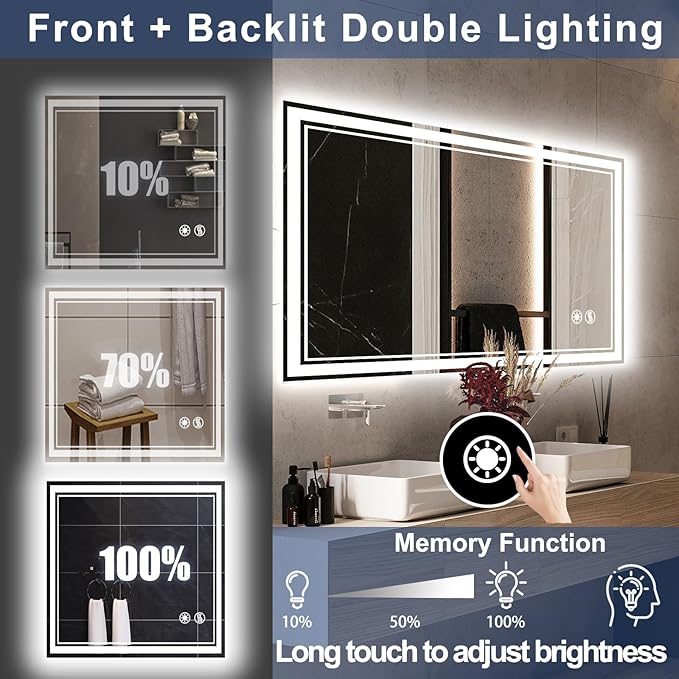 32“ x 32” LED Mirror for Bathroom Bathroom Mirror with Lights Front and Backlit LED Bathroom Mirror Anti-Fog Dimmable 3 Colors Smart Mirror Memory Function Wall Mounted