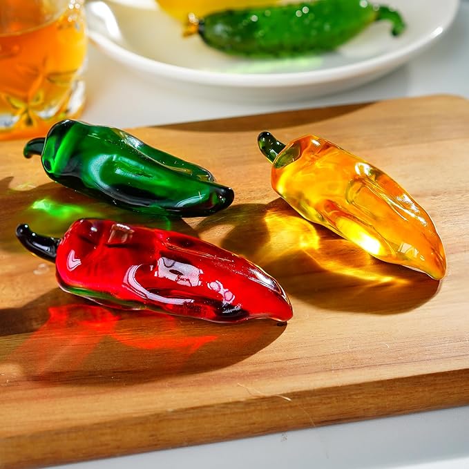 Set of 3 Glass Chili Miniature Figurines Fall Decorations for Home Crystal Fruits Vagetables Paperweights for Kitchen Tabletop Glass Christmas Centerpiece Decor