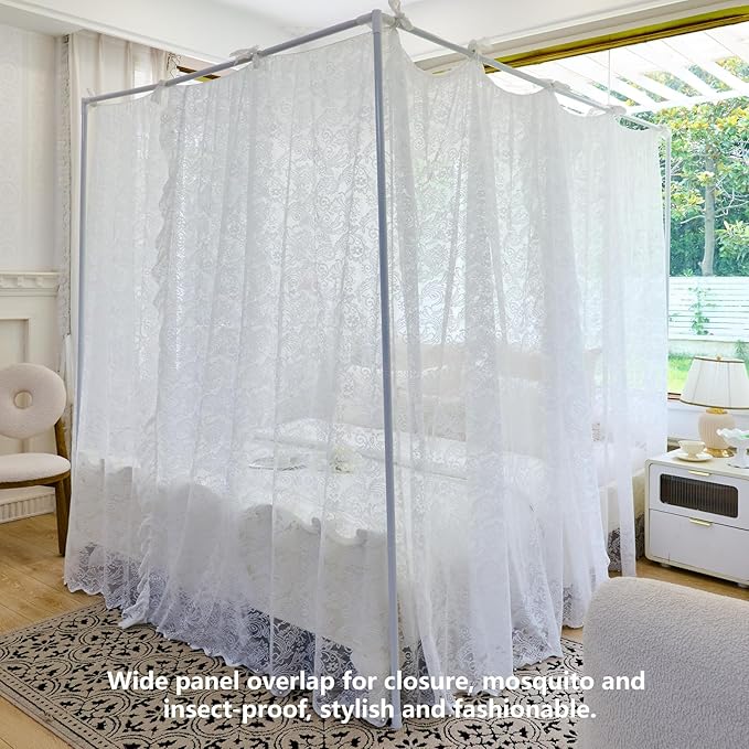 AIKASY Elegant Lace Princess 4-Poster Bed Canopy Mosquito Net - Romantic Wedding Bridal Bedroom Decor, Kids Room Bed Curtain for Women Adults - (White-3,Queen)