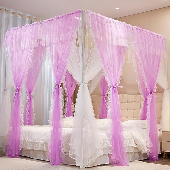 4 Corners Post Princess Curtains Bed Canopy for Girls 8 Panels Curtain- Double Layer Sheer Mesh Canopies Drapes Girls Room Decor (8P-Purple/White, 4P(27"x82") W+4P(40"x82") L/(Full))
