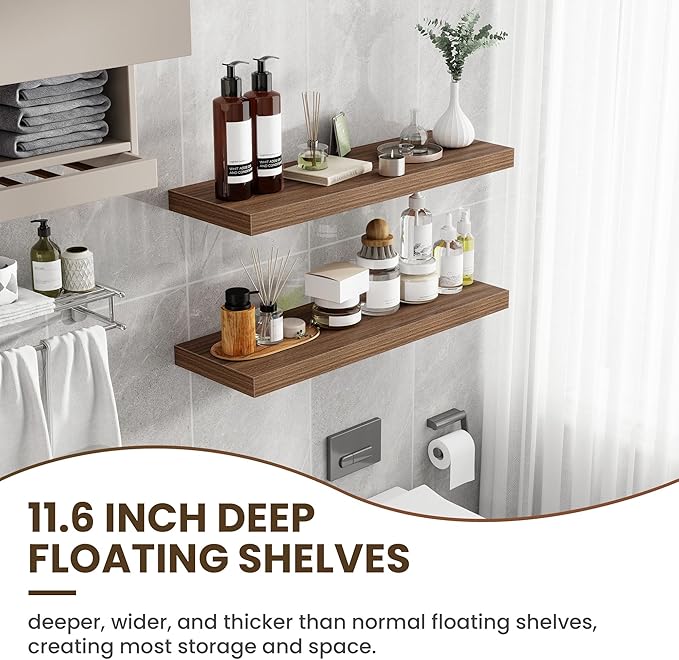 36 Inch Floating Shelves, 12 Inch Deep Floating Shelves for Wall, Floating Shelf with Invisible Brackets, Deep Shelves for Bathroom, Bedroom, Living Room, 2 Pack, Walnut