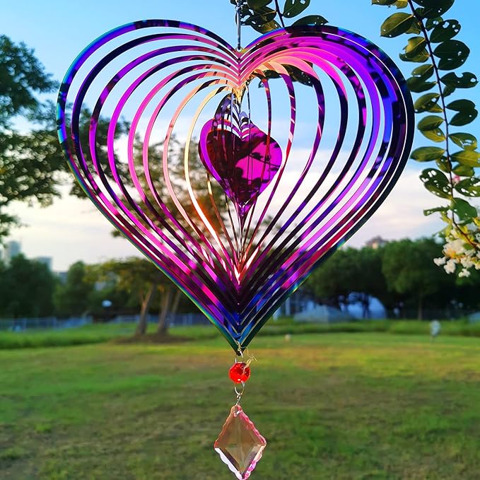 Wind Spinner Outdoor Metal 3D Wind Spinner Hanging Yard Garden Decor Gifts Stainless Steel Heart Pattern Spinners with 360° Rotating Hook