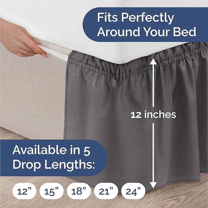 Wrap Around Dust Ruffle Bed Skirt - Dark Grey - for Full Size Beds with 12 Inch Drop - Elastic Strap - Adjustable Pleated Bedskirt with Brushed Fabric and Wrinkle Free - for Women, Men, Kids & Teens