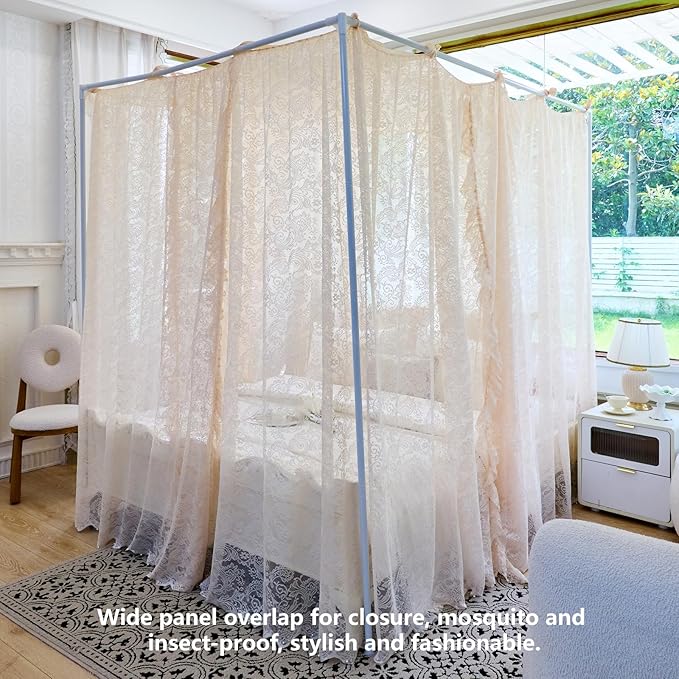 AIKASY Elegant Lace Princess 4-Poster Bed Canopy Mosquito Net - Romantic Wedding Bridal Bedroom Decor, Kids Room Bed Curtain for Women Adults - (Cream-1,King)