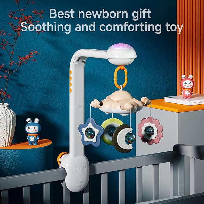 Tumama Baby Crib Mobile with Projection Night Light, Music and White Noise, Soft Plush Mirror Hanging Toys, Mute Spin Motor Nursery Toys for Infant 0-3, 6-9 Month Newborn Xmas Gift (Clouds)