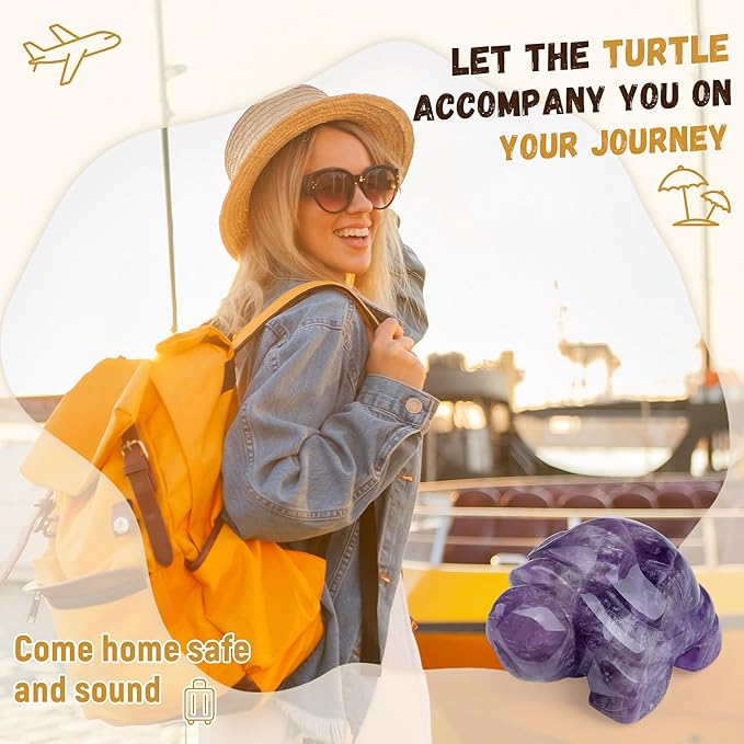 QINJIEJIE Amethyst Crystal Travel Turtle Figurines Healing Crystals Best Travel Gifts for Women Men Travelers Sea Turtle Lovers Office Desk Decor Good Luck Gifts for Traveling Abroad