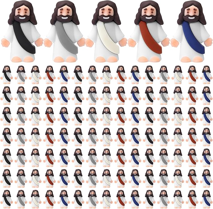 Bememo 100 Pcs Jesus Toys Original Design Mini Rubber Little Jesus Figurine to Hide and Seek Religious Party Favors Sunday School Craft Baptism Gifts for Easter Egg Stuffers (Dark Color)